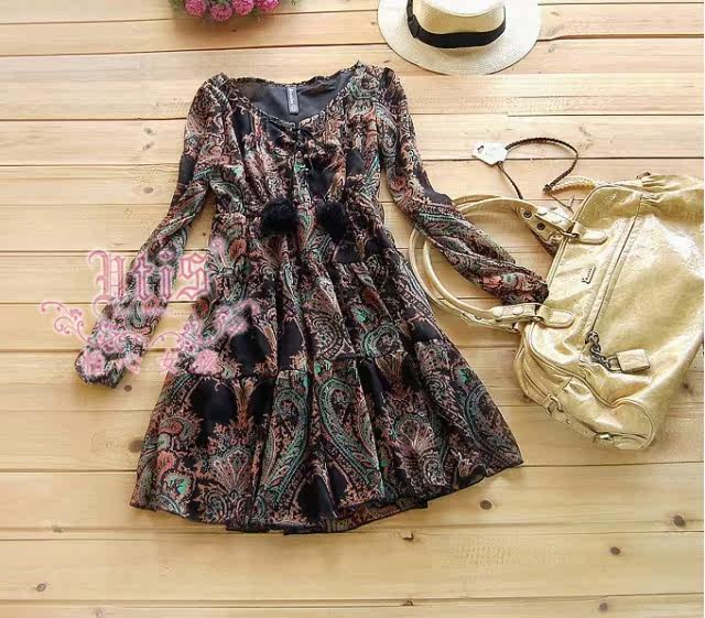 清仓特价 春装复古民族风花色长袖连衣裙 雪纺长袖连身裙女装秋款