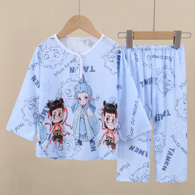 夏季儿童睡衣薄款绵绸小男孩男童女童哪吒长袖空调家居服棉绸套装