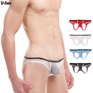 男士内裤男透气网纱低腰U凸囊袋提臀性感男双丁字裤男士露臀内裤