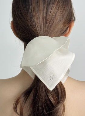 韩系高级感真丝纱方形大肠发圈女高级感法式方巾水晶字母烫钻头饰