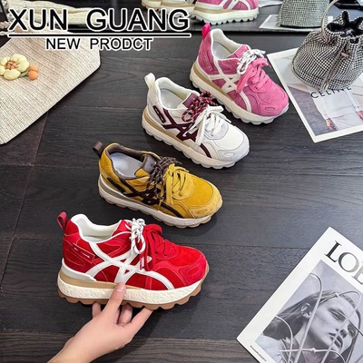 真皮8cm德训鞋女款内增高女鞋2025秋季新款松糕厚底阿甘鞋老爹鞋