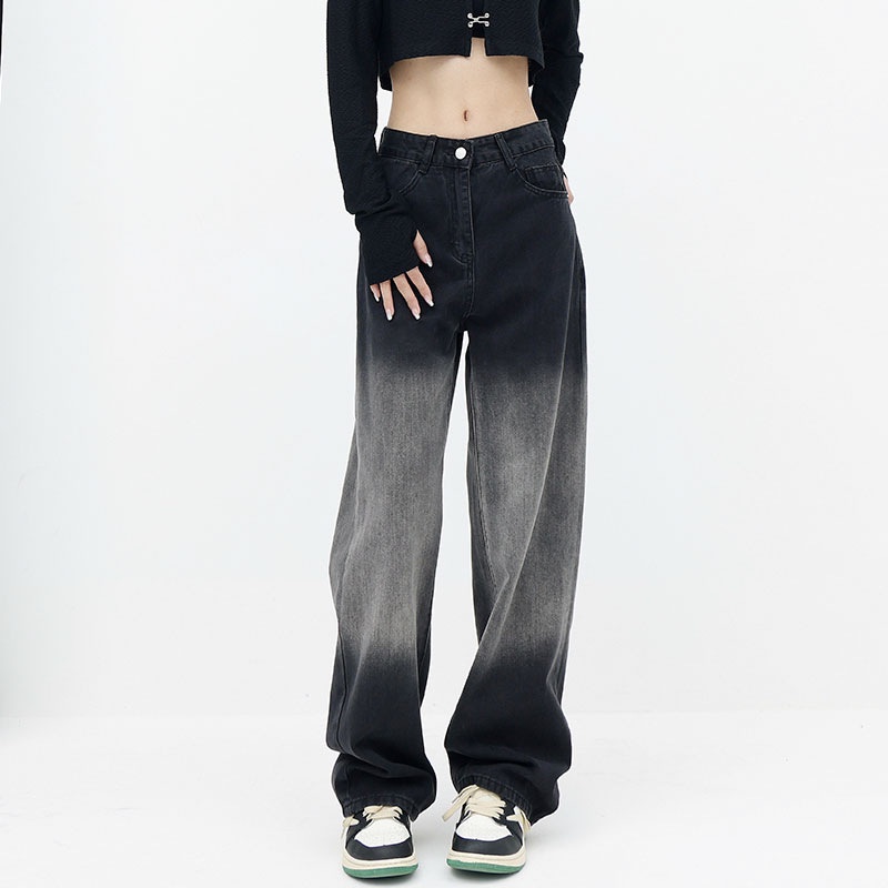 梨形身材黑色渐变牛仔裤女2024高腰直筒阔腿裤长裤子通勤休闲显瘦