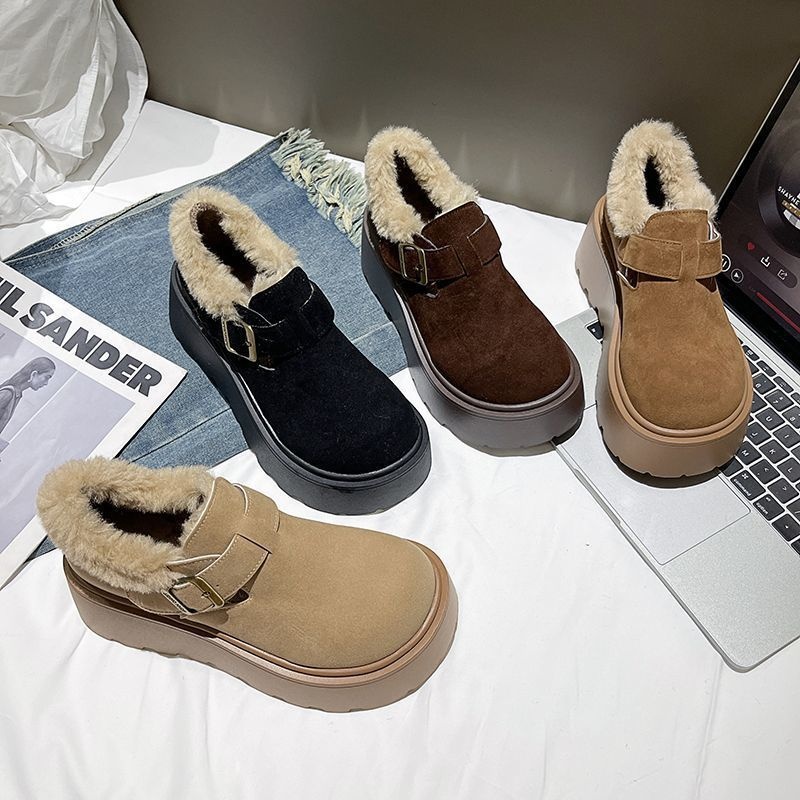 2025冬新款一脚蹬丑萌松糕雪地靴加绒大头厚底增高保暖勃肯棉鞋女
