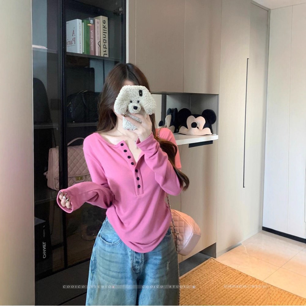 设计感半开领长袖T恤女2025秋季新款韩系修身显瘦内搭打底衫上衣