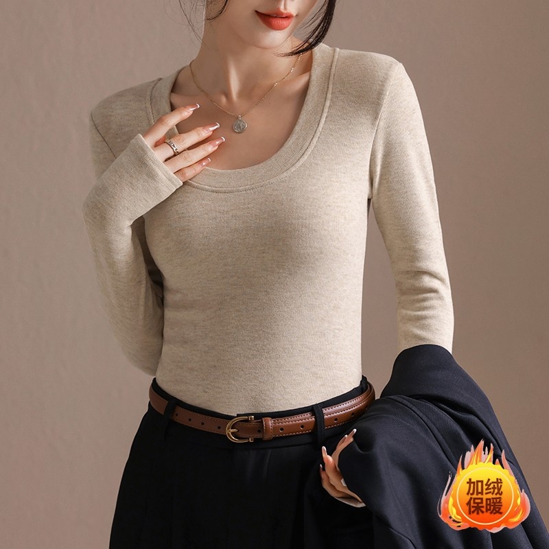 加绒加厚长袖t恤女秋冬新款穿搭短款u领修身显瘦内搭打底衫