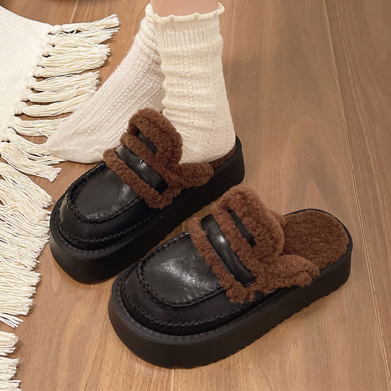 皮毛一体雪地靴厚底勃肯半拖鞋女外穿2025秋冬新款包头毛毛棉拖鞋