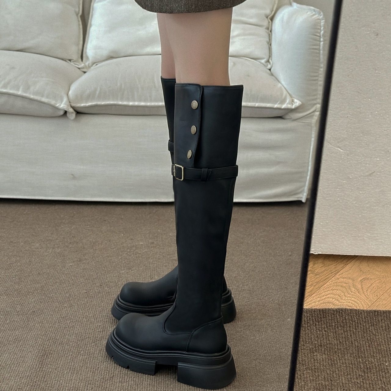 2024新款秋季显瘦过膝厚底靴子两穿小个子长筒靴复古显高骑士靴女