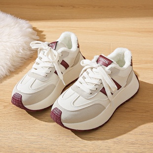 BN022-1新款2024秋冬季厚底女鞋增高加绒皮面板鞋拼接运动鞋学生