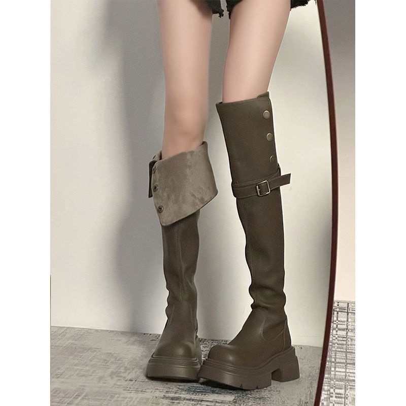 骑士靴2024新款秋季显高厚底显瘦过膝两穿复古小个子长筒靴靴子女