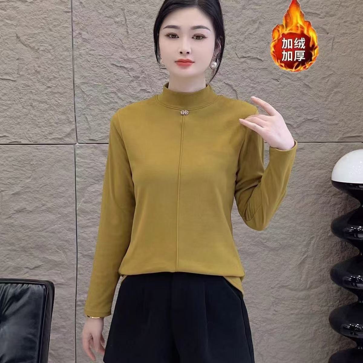 2024秋冬新款双面绒打底衫纯色半高领长袖t恤女内搭显瘦保暖上衣