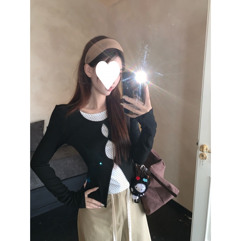 波点假两件黑色镂空针织长袖t恤女早秋设计感小众内搭打底衫上衣