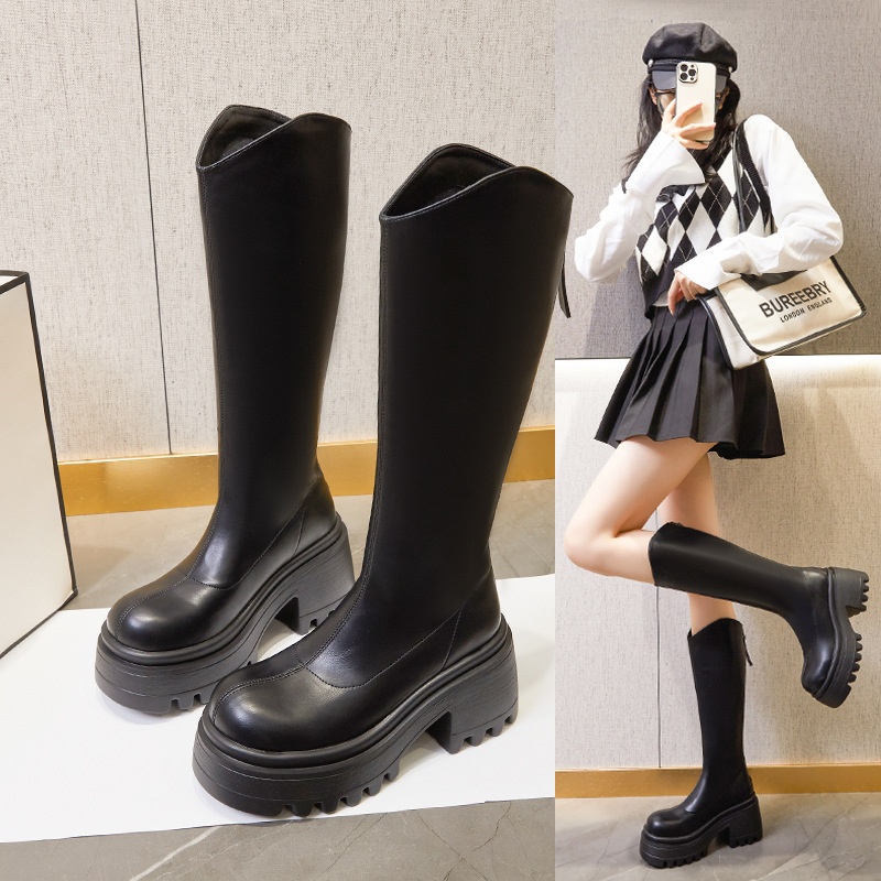 粗跟长筒增高靴子女2023年不过膝长靴女高跟骑士靴厚底欧美风