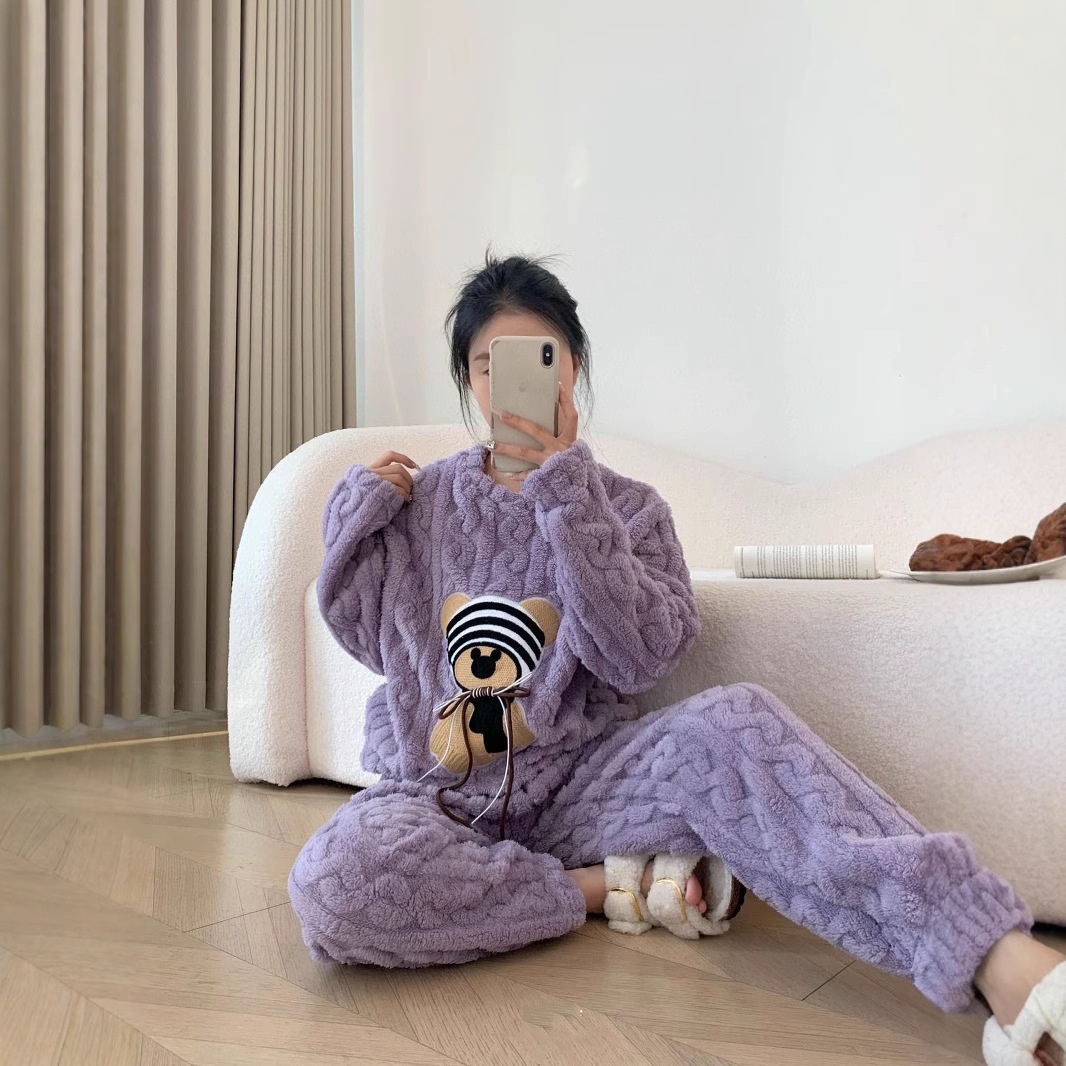 秋冬珊瑚绒睡衣女外穿法兰绒卡通可爱熊家居服加厚长袖长裤套装女