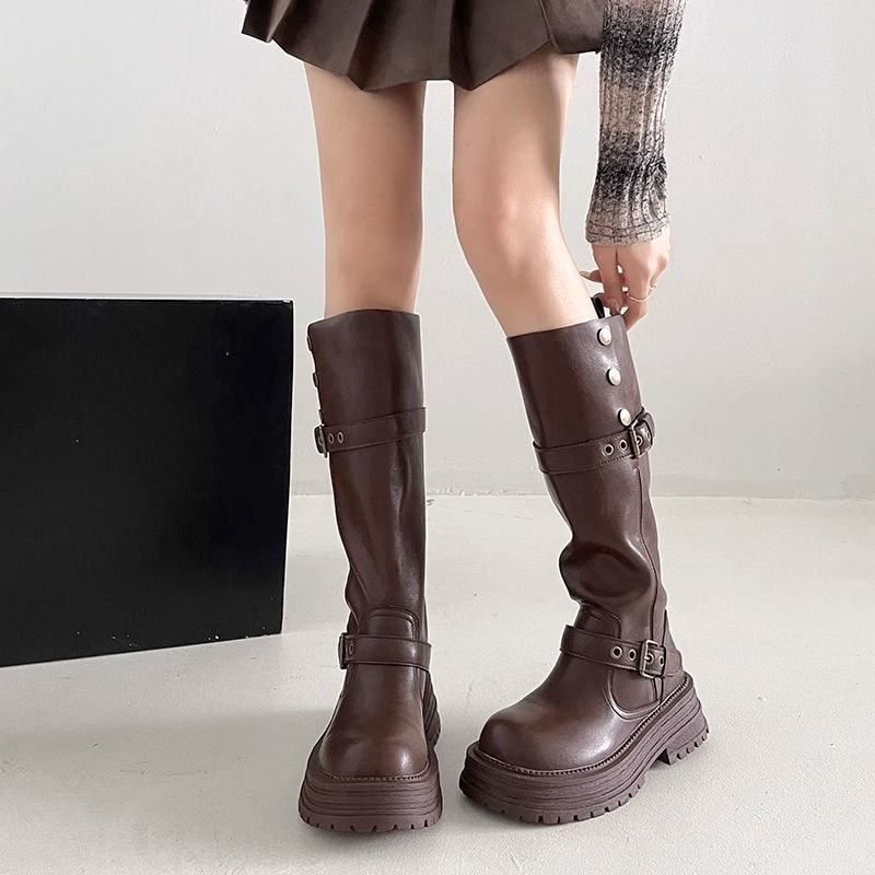时尚爆款翻领骑士靴子厚底百搭增高显瘦不过膝长筒靴女2025秋新款