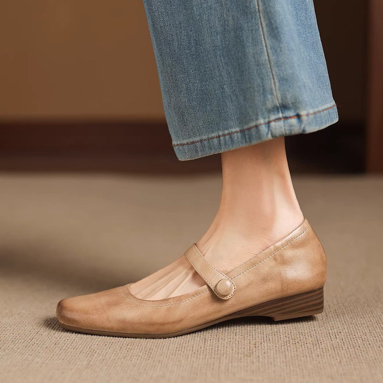 复古牛皮真皮单鞋女低跟浅口方头做旧平底鞋一字扣带玛丽珍女鞋春,女鞋,玛丽珍鞋,淘宝优惠券,粉丝福利购,淘宝优惠卷