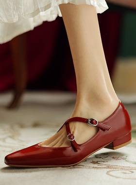 法式复古浅口红色玛丽珍女鞋真皮牛皮交叉带配裙子淑女单鞋春季新