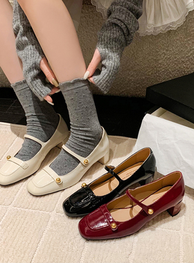 红色漆皮婚鞋真皮浅口一字带玛丽珍女鞋4cm中跟高跟鞋甜美单鞋春