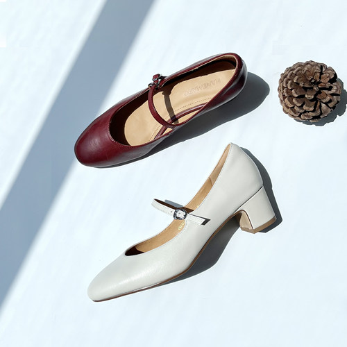 新款牛皮手工复古玛丽珍高跟单鞋