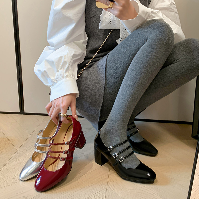 法式复古浅口真皮单鞋女6cm粗跟高跟鞋银色气质职业工作鞋婚鞋春