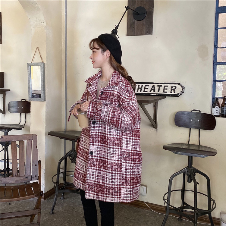 Real shot real price ~ Korean loose single breasted Plaid tweed with cotton thickening medium length coat