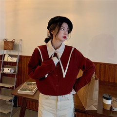 Real price ~ loose baby collar color contrast single breasted long sleeve versatile shirt