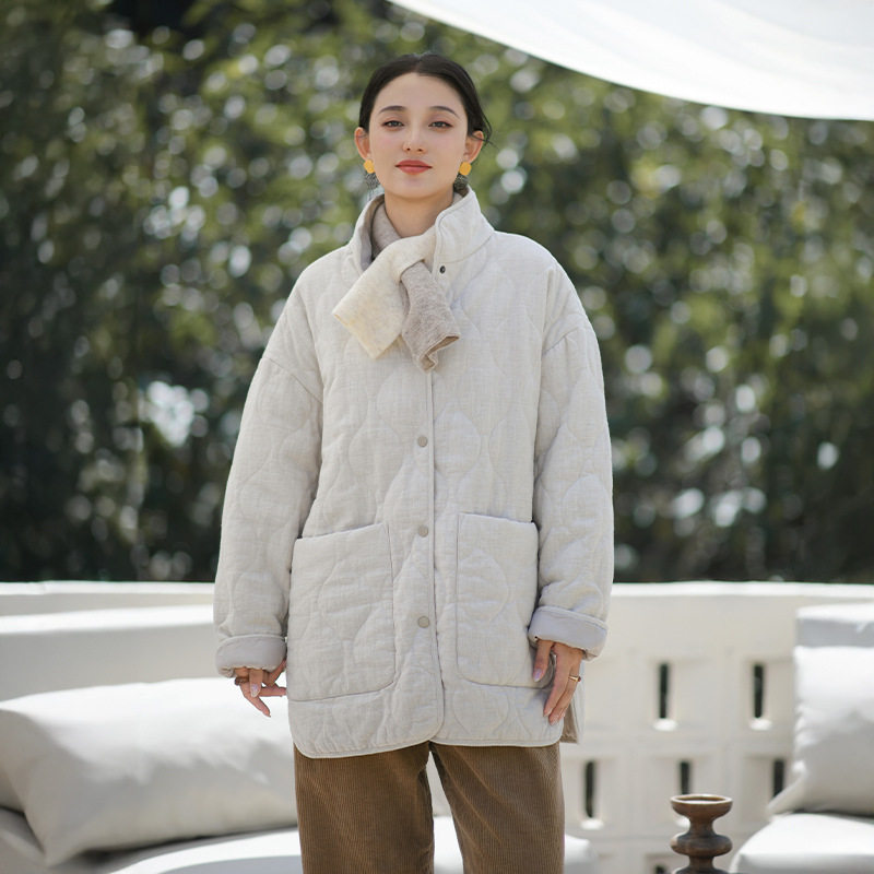 冬季日系文艺苎麻夹棉中长棉服女