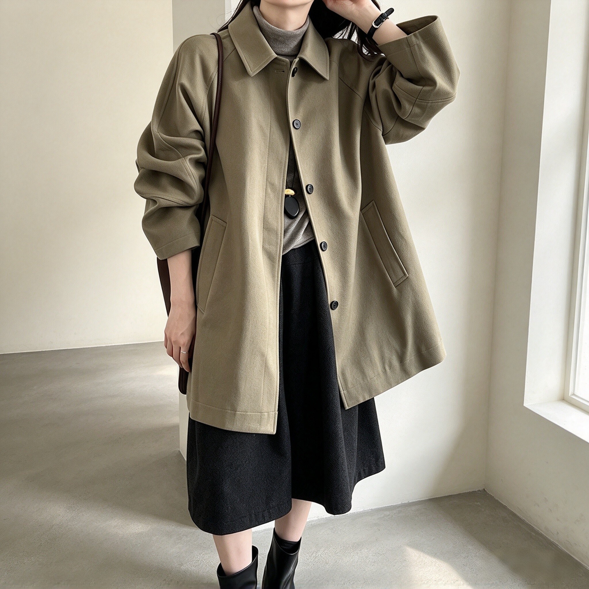冬季韩系简约翻领中长棉服风衣女