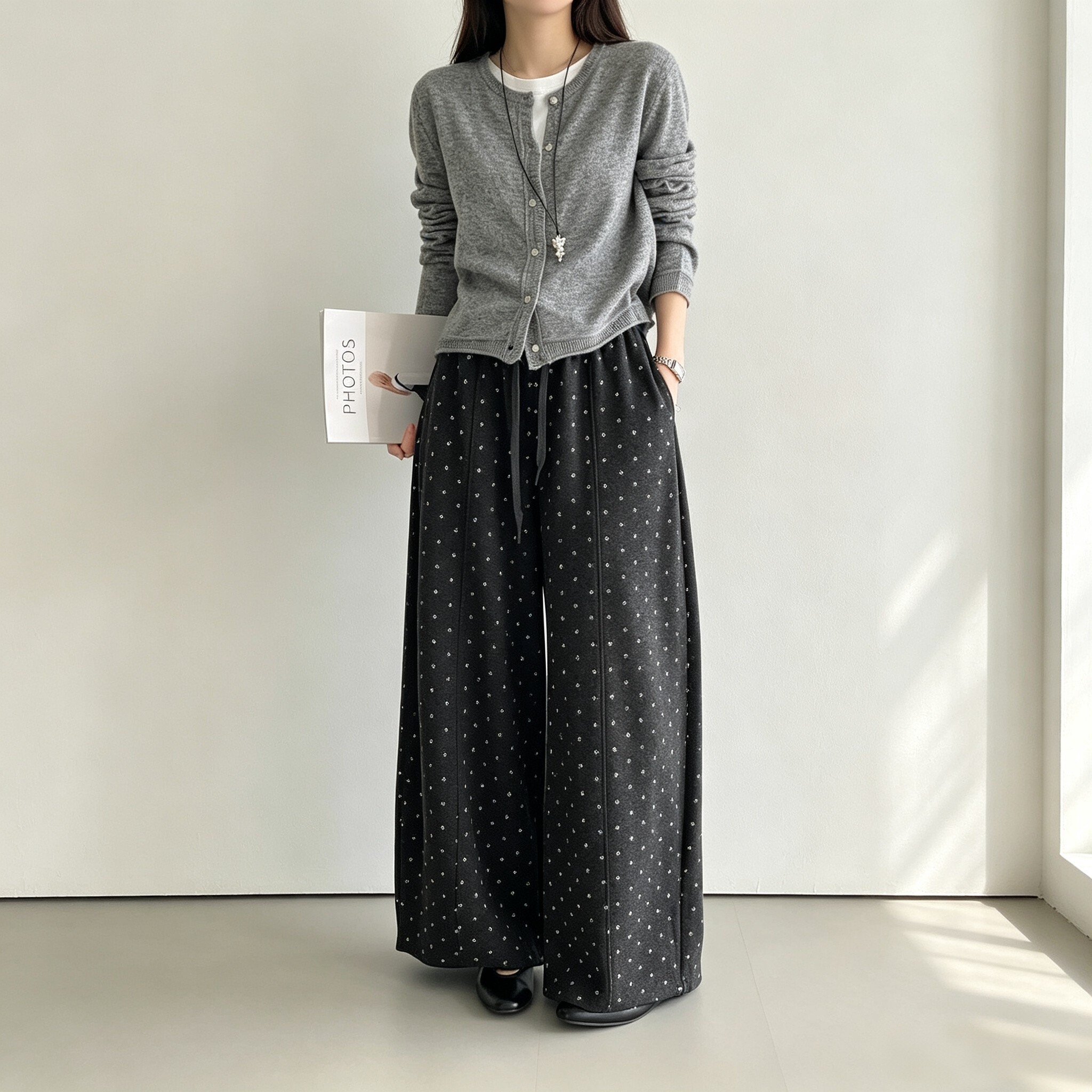 秋冬韩系高腰四叶草阔腿女裤