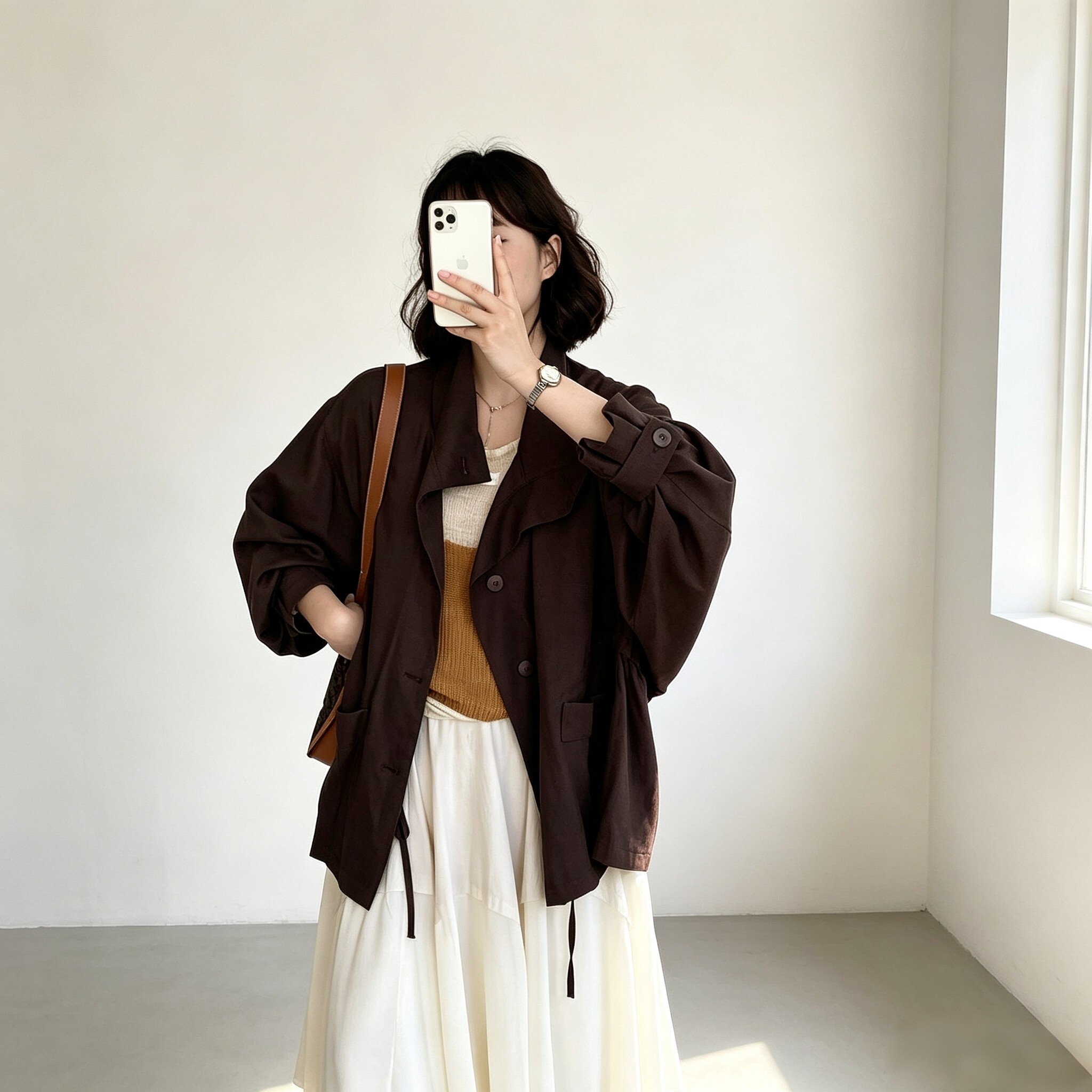 秋冬老钱风亚麻蝙蝠袖长款风衣