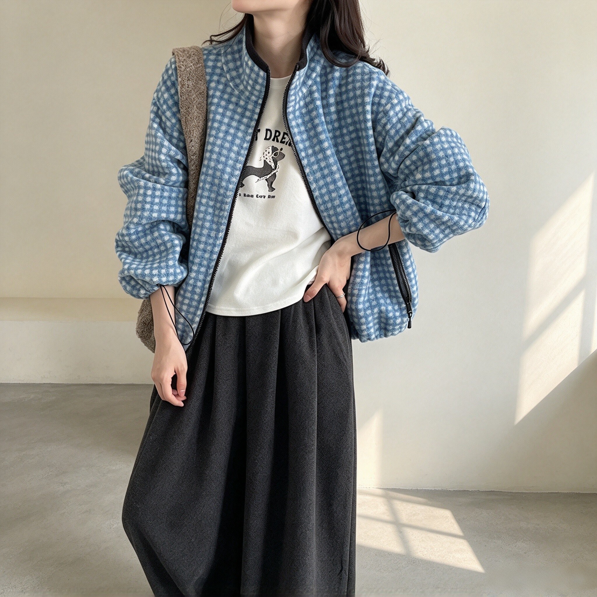 冬季韩系立领抓绒格纹卫衣女