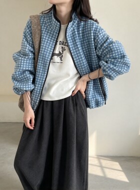 冬季韩系立领抓绒格纹卫衣女