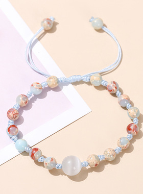 天然浅蓝蛇皮石猫眼手链手工编绳手串女生复古国风百搭寿山石手饰