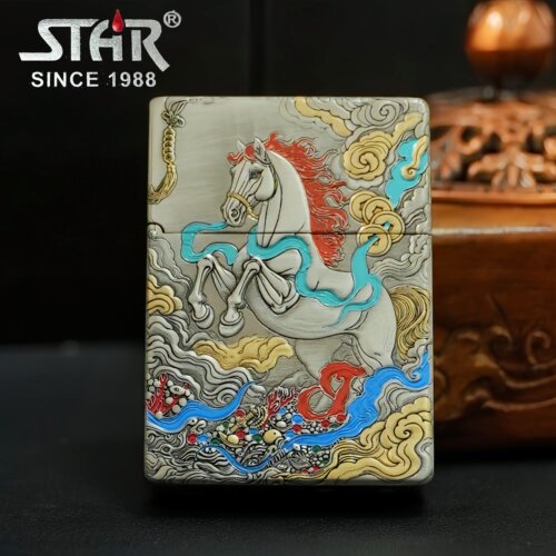 STAR恒星ST9熏银鎏金珐琅彩马踏祥云麒麟煤油打火机熏银煤油机