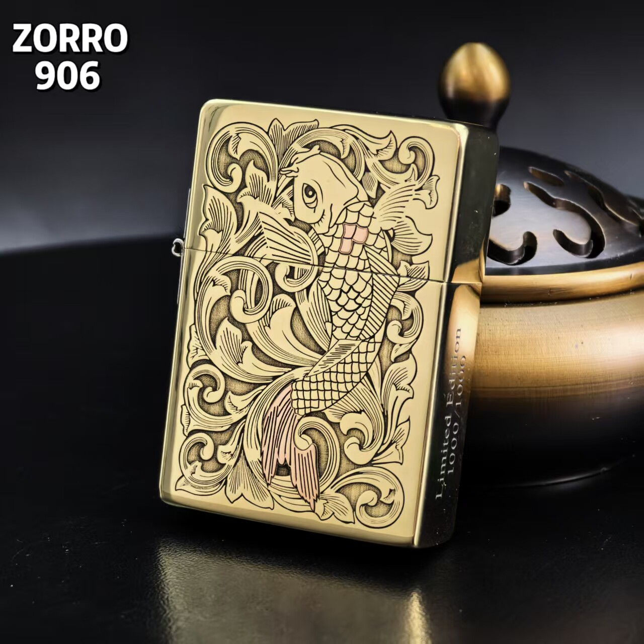 ZORRO佐罗906镶嵌精雕荷花锦鲤35平头煤油打火机镶嵌煤油机送男友