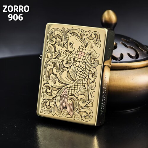 ZORRO佐罗906镶嵌精雕荷花锦鲤35平头煤油打火机镶嵌煤油机送男友