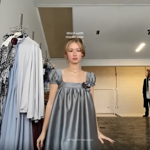 Meyshin beauty 26春夏蓝灰灰姑娘法式公主蓬蓬裙短袖缎面娃娃裙