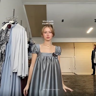 Meyshin beauty 26春夏蓝灰灰姑娘法式公主蓬蓬裙短袖缎面娃娃裙