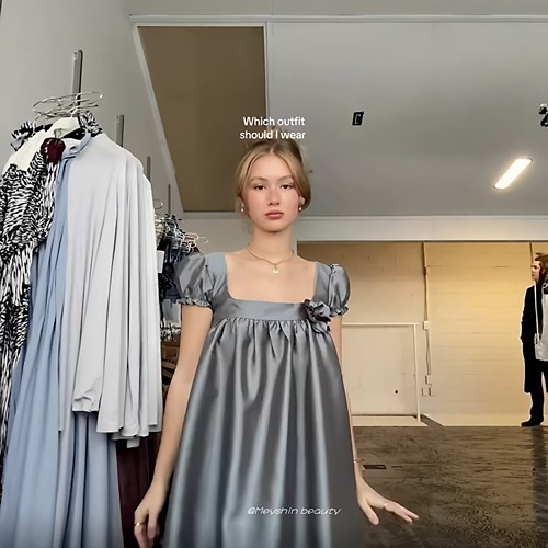 Meyshin beauty 26春夏蓝灰灰姑娘法式公主蓬蓬裙短袖缎面娃娃裙