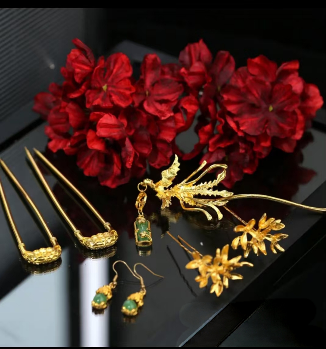 新娘中式秀禾服头饰套装耳饰金绿色简约精致龙凤褂凤簪旗袍配饰