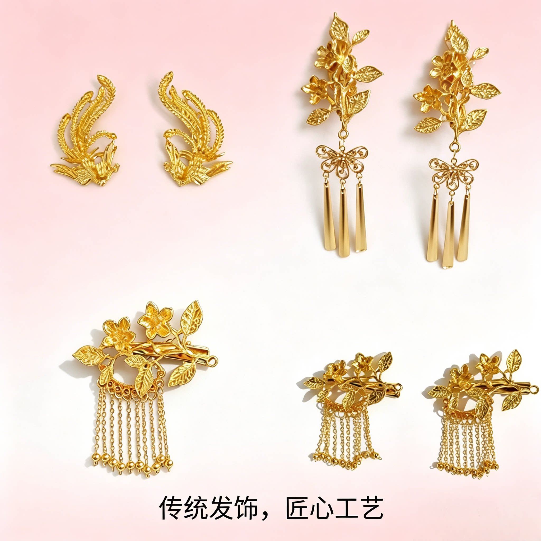 新娘头饰金色花朵对夹简约百搭古装发饰结婚喜庆新娘头饰配件发夹