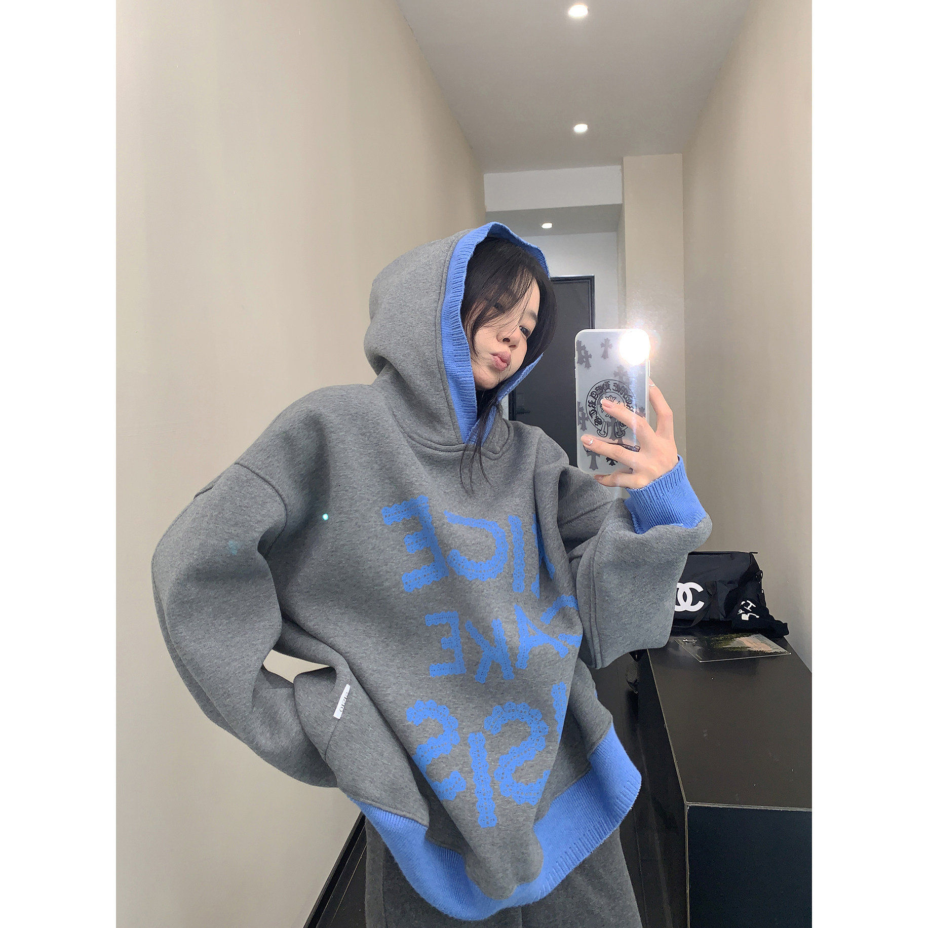 thumbnail for Scrap wood spring and autumn American retro relaxation contrasting hooded sweatshirt women's chic loose thickened lazy coat hoodie