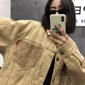chic春秋美伢港风情侣夹克oversize男友风重工印花牛仔外套男女潮