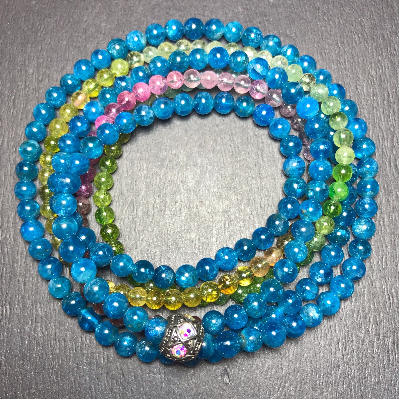 新品6mm磷灰石多圈手链搭配5mm糖果色渐变碧玺六圈水晶手串女配饰