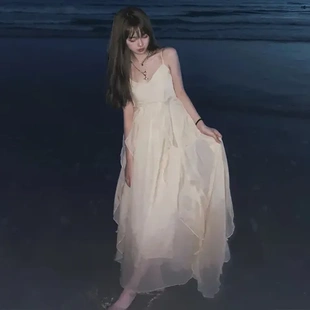 拍照夏女超仙连衣裙海边度假旅游穿搭法式 三亚长款 沙滩裙气质吊带
