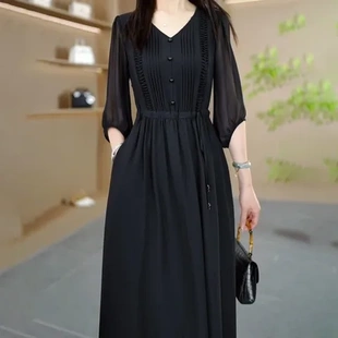 过膝高级洋气2024显瘦法兰丝系带收腰小黑裙礼服纯色 夏连衣裙新款