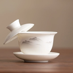 羊脂玉白瓷盖碗三才茶杯玉瓷不烫手单个高档茶具套装功夫茶碗带盖