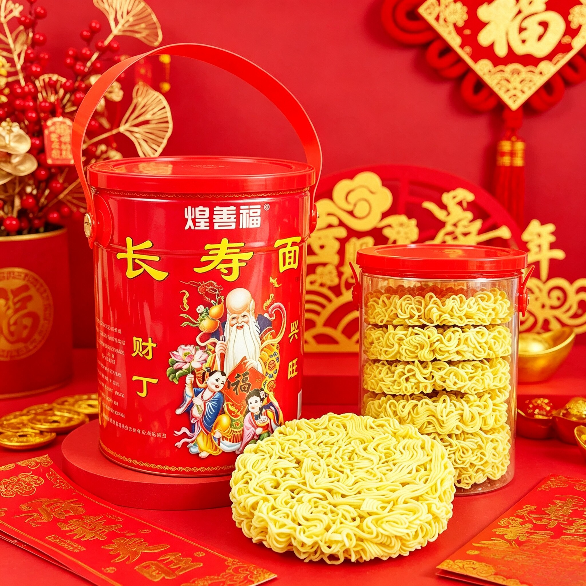 煌善福长寿面桶装圆块面条寿面图片