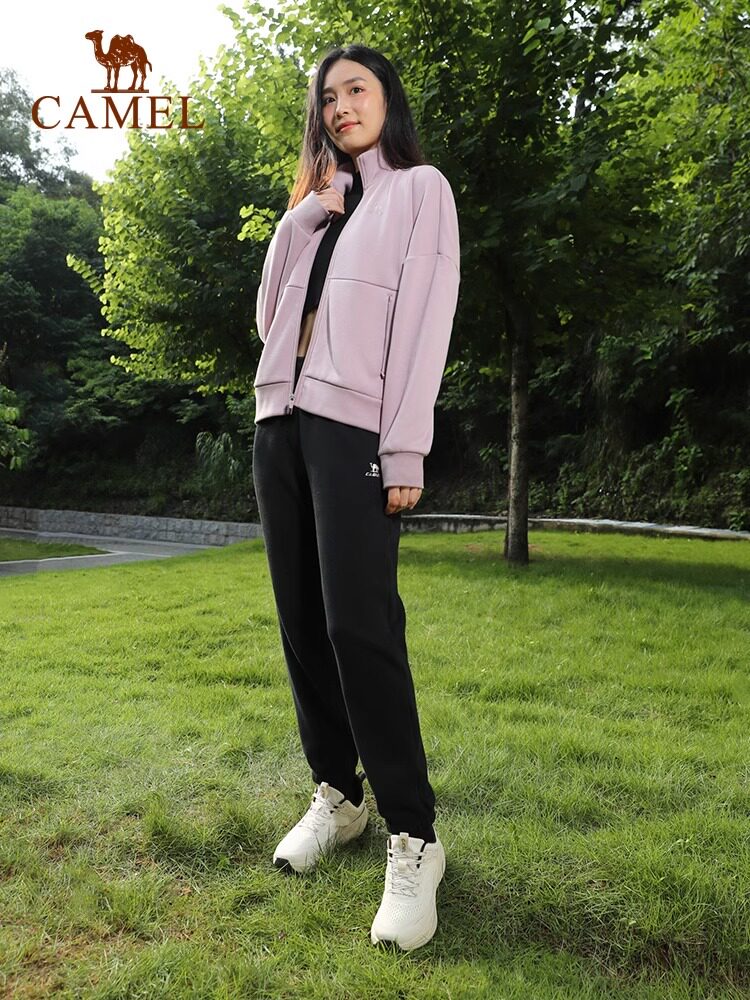 낙타 스포츠 정장 여성 2024 봄 가을 스타일 벨벳 스탠드 칼라 캐주얼 운동복 플러스 벨벳 바지 따뜻하고 편안하게 유지