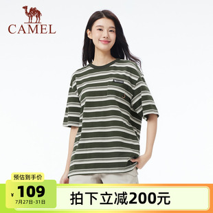 格纹宽松透气条纹棉感t女圆领上衣 骆驼女装 短袖 t恤女2025夏季 新款