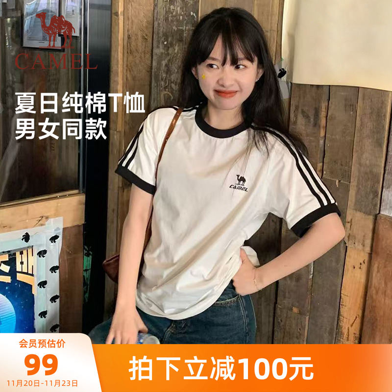 骆驼纯棉T神夏日短袖T恤女2025夏新款情侣宽松复古运动休闲上衣男